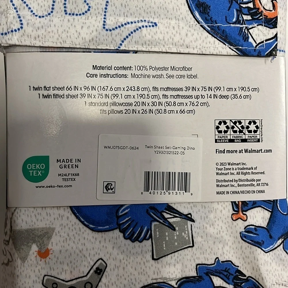 🆕 Gaming Dinosaur Sheets Twin Set in Velcro Storage Bag Blue White